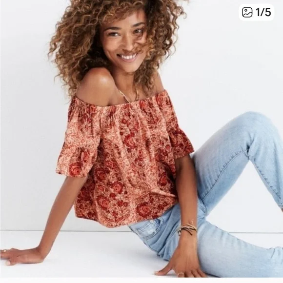 Madewell Silk Off the Shoulder Paisley Top Blouse - Picture 1 of 5